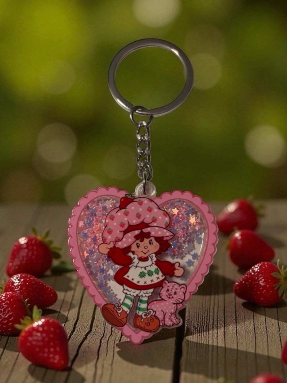 Strawberry Shortcake Pink Glitter Shaker Heart Keychain